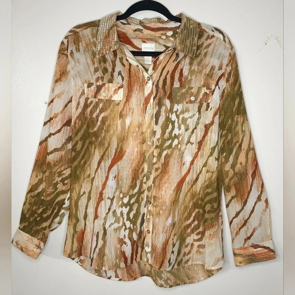 CHICOS 2 Neutral Zebra Chic Joceline Top Long Sleeve Sequin Collar - Picture 3 of 16